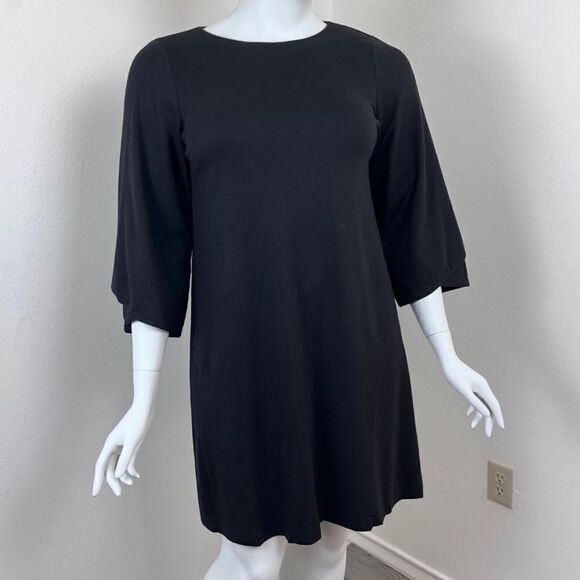 Lafayette 148 Women Size L Black Jersey Knit Stretch 3/4 Sleeve Shift Midi Dress - Picture 8 of 14